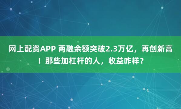 网上配资APP 两融余额突破2.3万亿，再创新高！那些加杠杆的人，收益咋样？